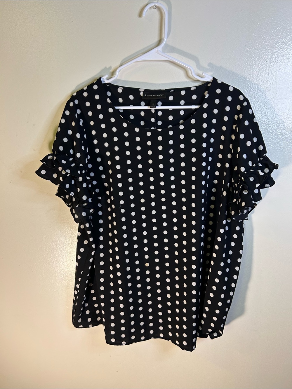 Lane Bryant Black and White Polka Dot Ruffle Sleeve Blouse